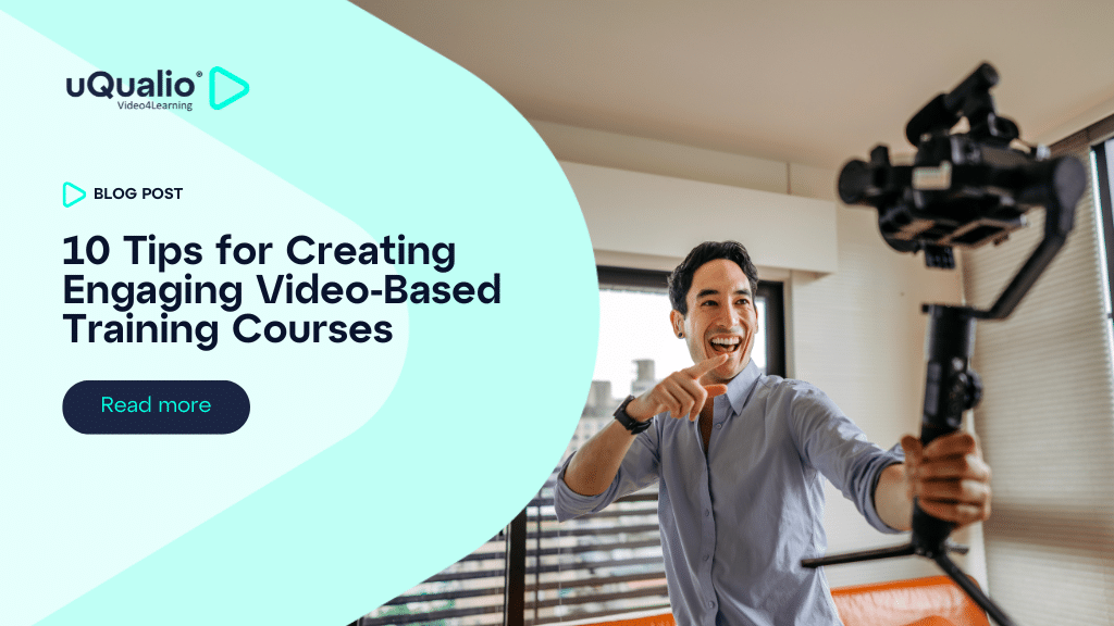 Enthusiastic content creator filming with a professional camera gimbal setup, alongside uQualio's blog post banner showing '10 Tips for Creating Engaging Video-Based Training Courses