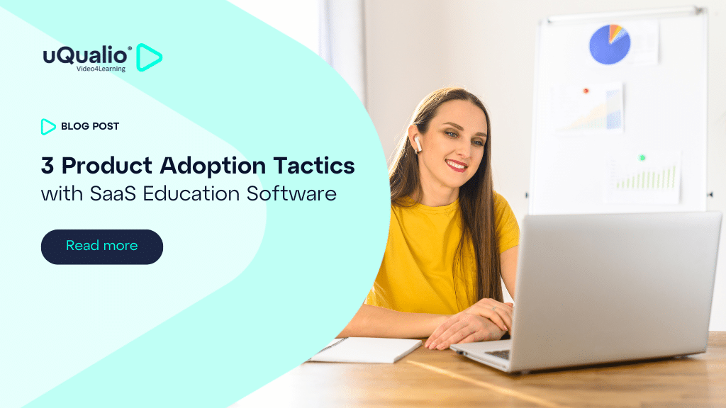 Woman in yellow shirt smiling at laptop with data visualization board in background, representing digital education environment for SaaS product adoption