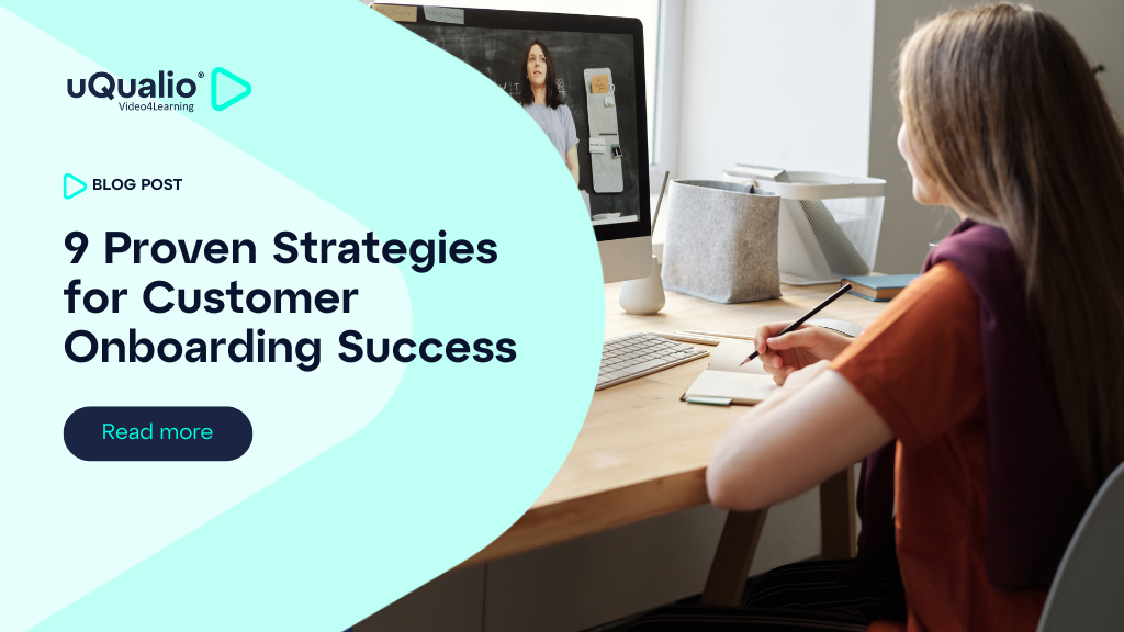 Woman in orange sweater sitting at desk viewing virtual onboarding presentation on computer screen, with uQualio blog post title '9 Proven Strategies for Customer Onboarding Success' overlaid on light turquoise curved background with company logo