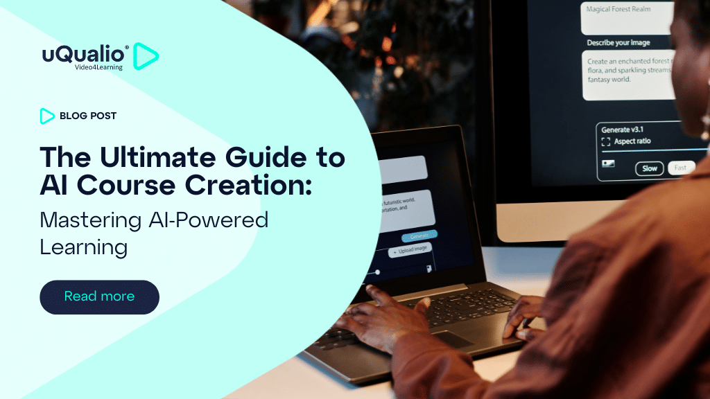 A blog post header featuring the uQualio logo, title "The Ultimate Guide to AI Course Creation", and a background image showing someone working on a laptop with an AI interface visible on screen.