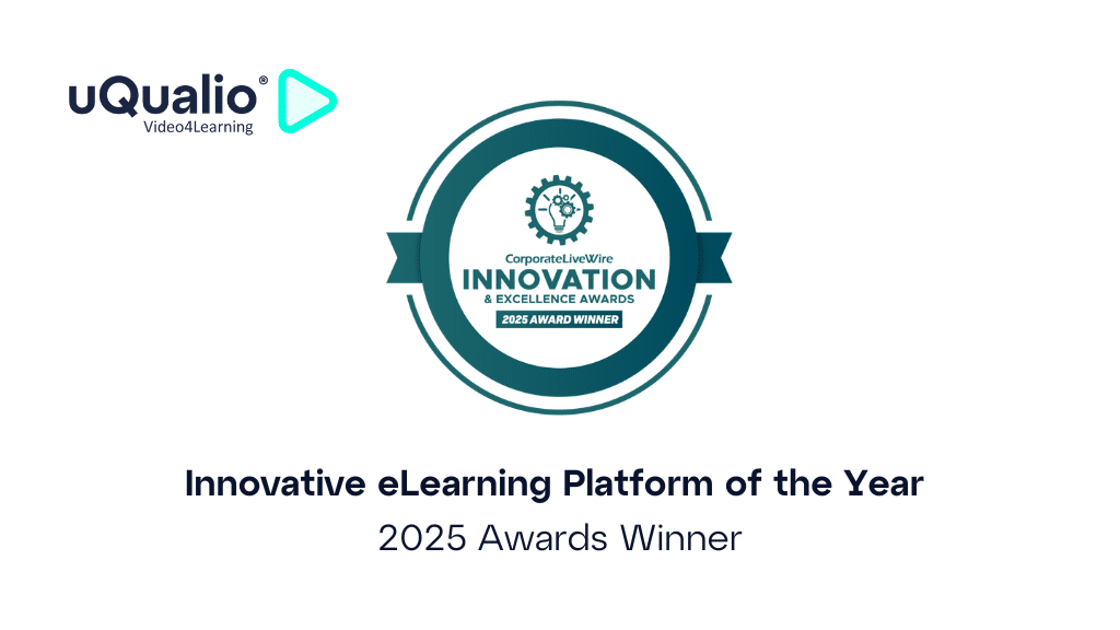 Corporate LiveWire Innovation & Excellence Award 2025 badge featuring uQualio logo and "Innovative eLearning Platform of the Year" designation