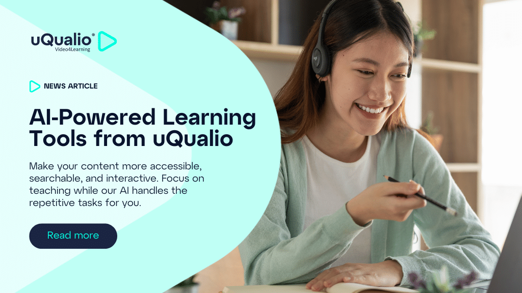 A smiling Asian woman wearing headphones and a mint green cardigan, sitting at a desk with a laptop while taking notes. The uQualio logo and 'NEWS ARTICLE' tag appear in the top left, with text overlay announcing AI-Powered Learning Tools.