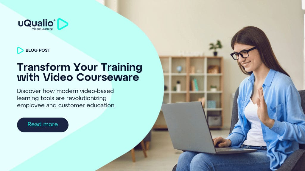 Woman waving at laptop during online video training session with Uqualio blog post title 'Transform Your Training with Video Courseware' on a mint green background