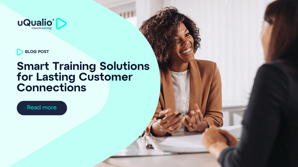 Professional woman in tan blazer smiling during customer meeting, with uQualio blog post about training solutions displayed