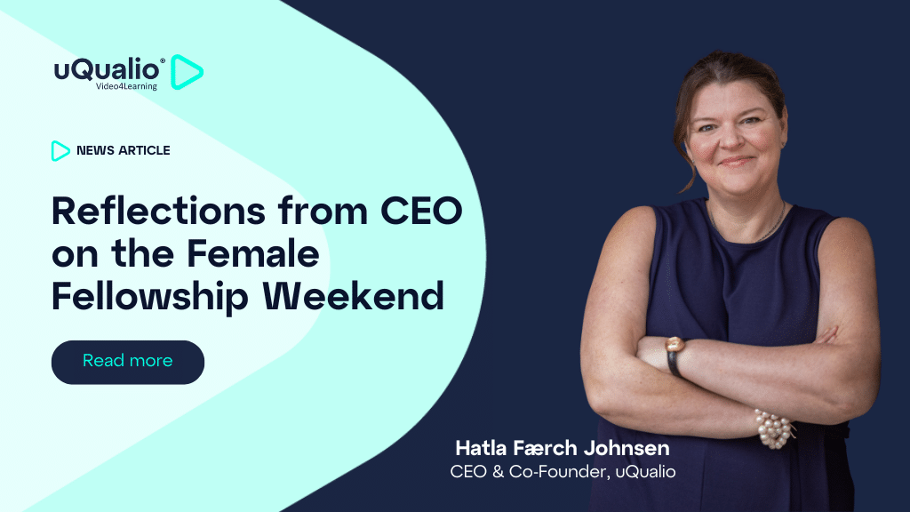 Hatla Færch Johnsen, CEO & Co-Founder of uQualio, standing confidently in a navy blue sleeveless dress against a dark background, with the uQualio logo and news article title on a light turquoise curved design element