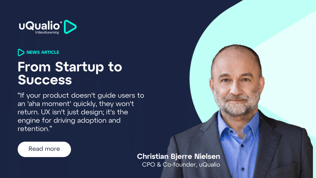 Christian Bjerre Nielsen, CPO & Co-founder of uQualio, wearing a dark suit and blue shirt against a navy and mint background with uQualio logo