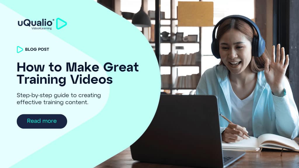 Woman wearing headphones smiling and waving at laptop while creating a training video in a modern office setting