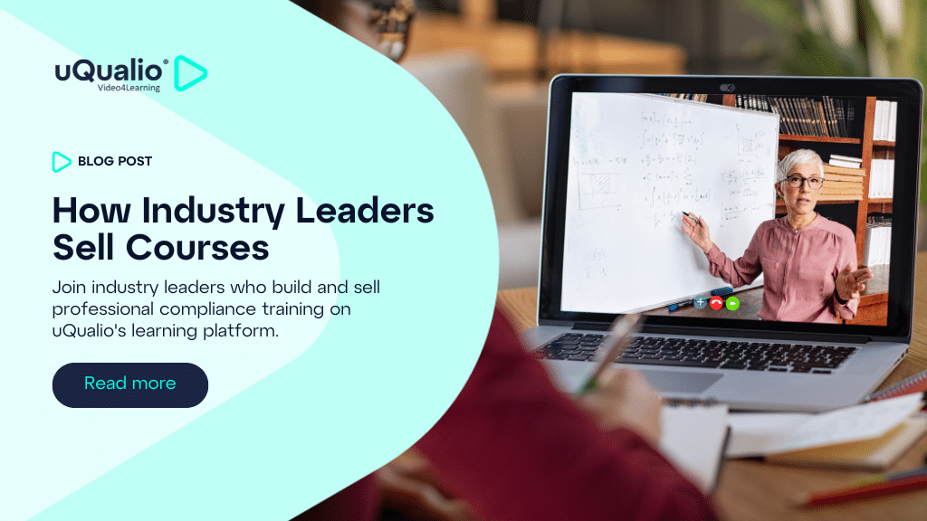 Professional woman instructor teaching a compliance course via video call on laptop screen, demonstrating how industry leaders use uQualio to sell courses